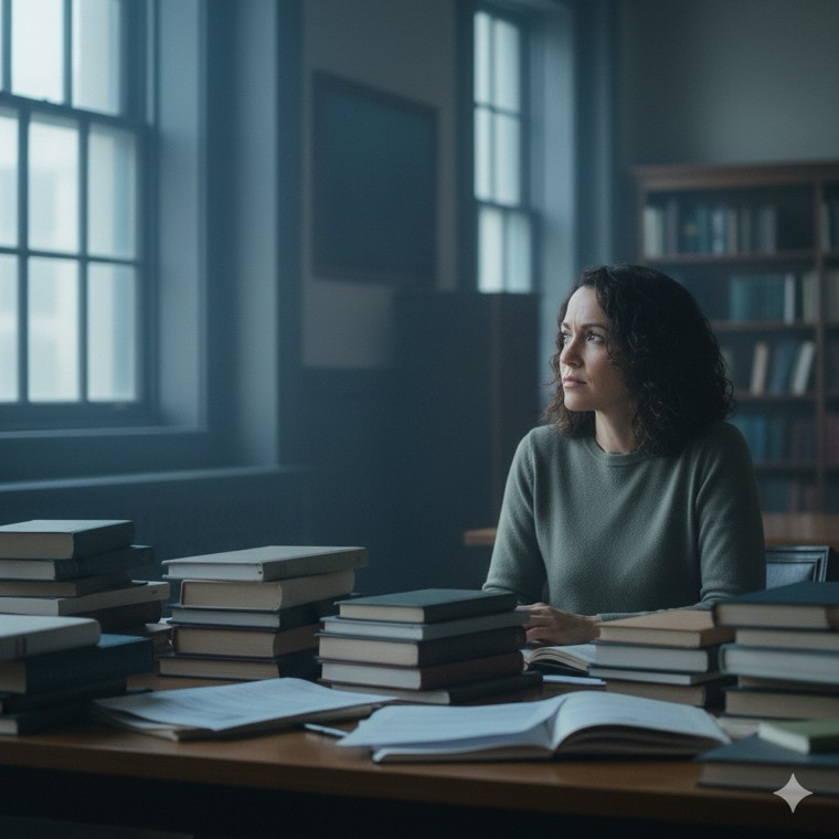 Pesquisadora cercada de pilhas de livros numa biblioteca