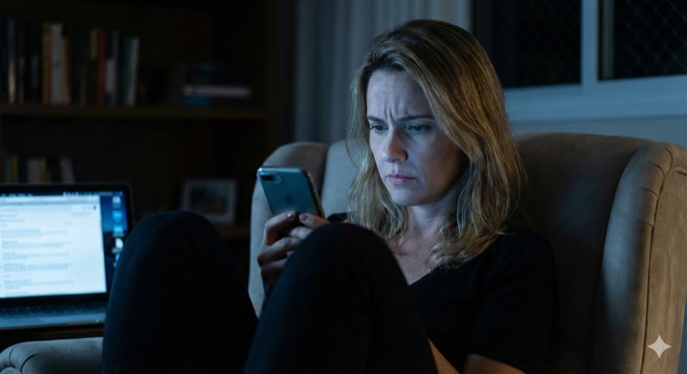 Pesquisadora olhando o celular à noite, preocupada