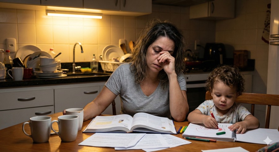 Pesquisadora exausta na mesa da cozinha, com o filho pequeno ao lado
