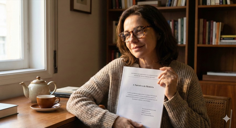 Depois: pesquisadora segurando o próprio texto impresso