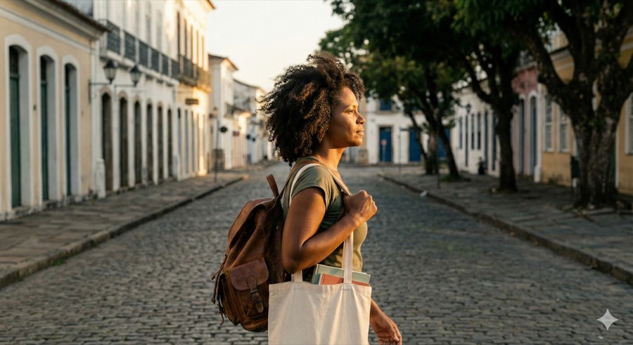 Pesquisadora caminhando na rua ao entardecer, decidida