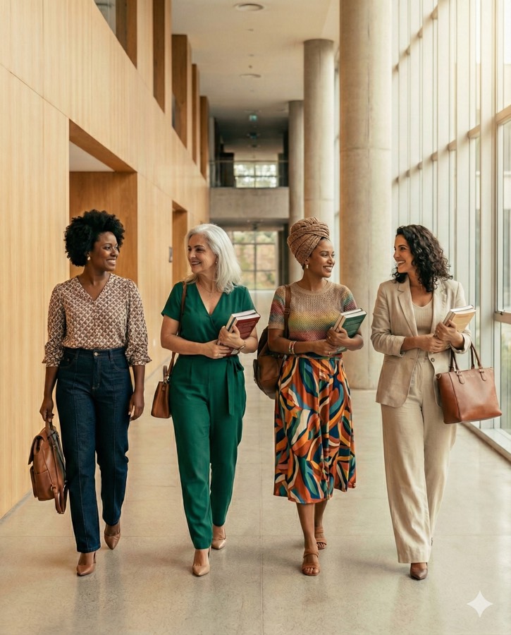 Grupo de pesquisadoras caminhando juntas com seus livros