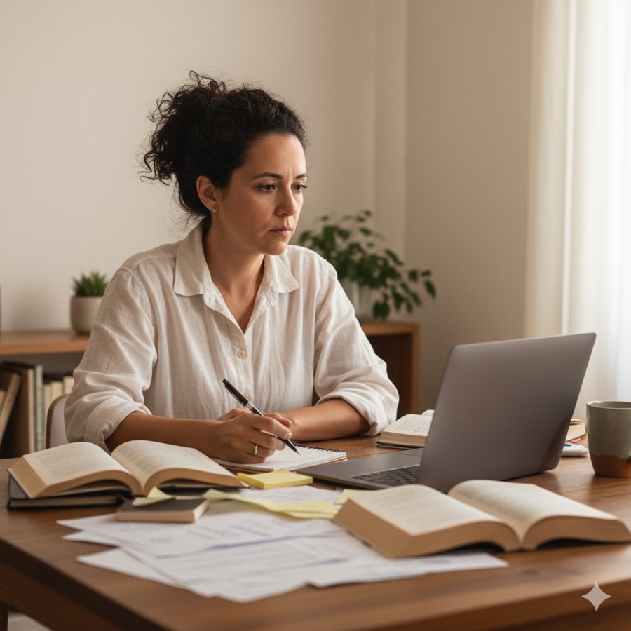Pesquisadora estudando na mesa, com livros e caderno abertos