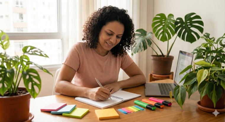 Pesquisadora fichando um texto no caderno